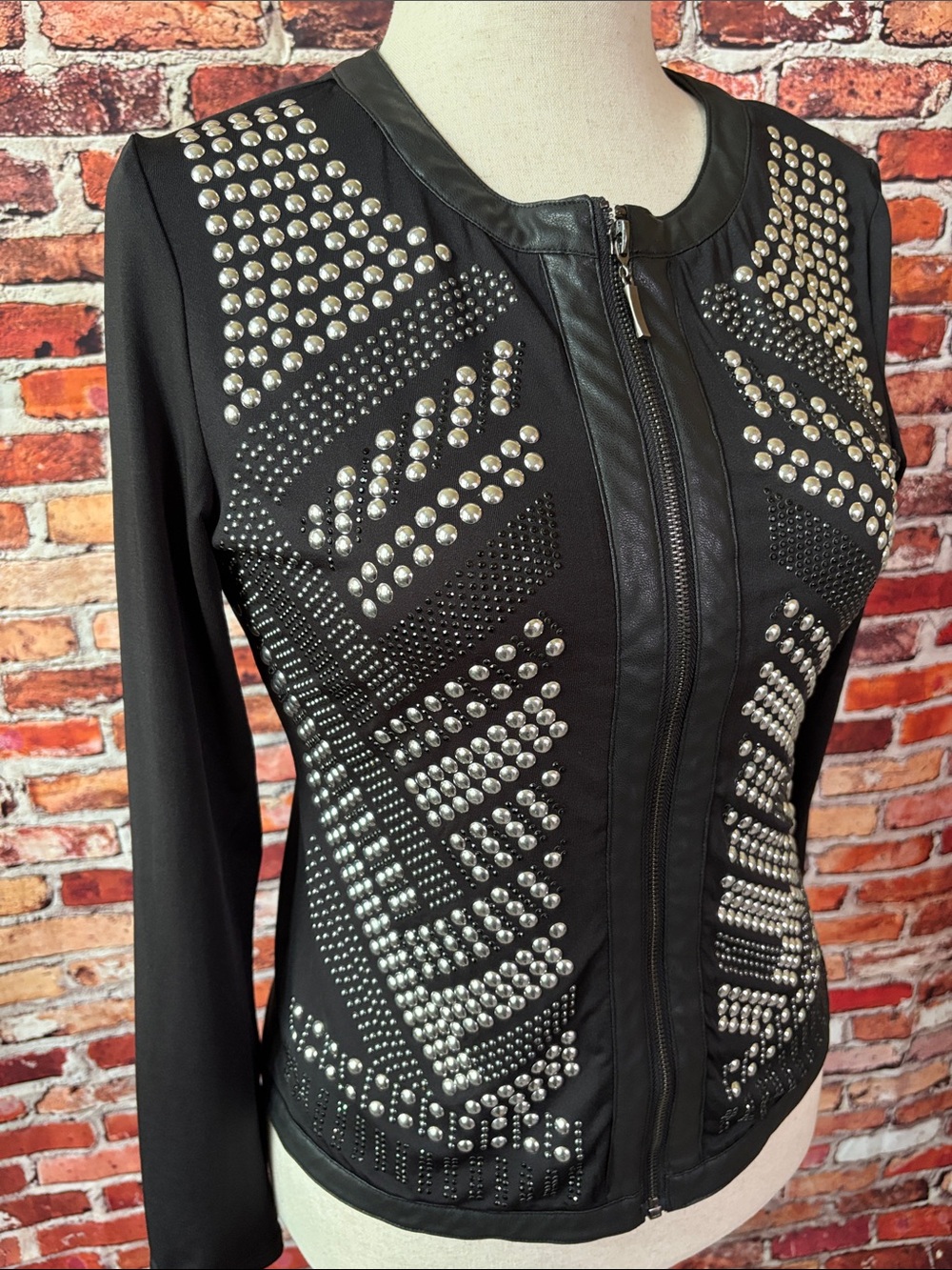 Carmin Black Stud & Rhinestone Embellished Women's Zip Jacket Large